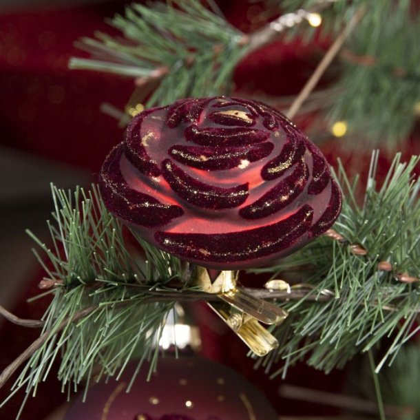 Julekugle - ornament som en rose/blomst med clips i bordeaux rd